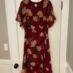 A New Day Burgundy Floral Wrap Dress